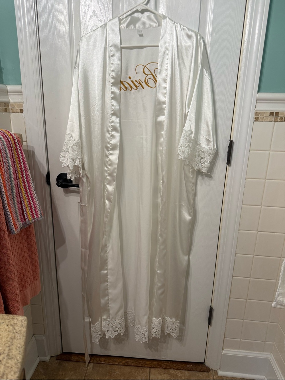 Bridal Satin Lace-Trim Long Robe - White